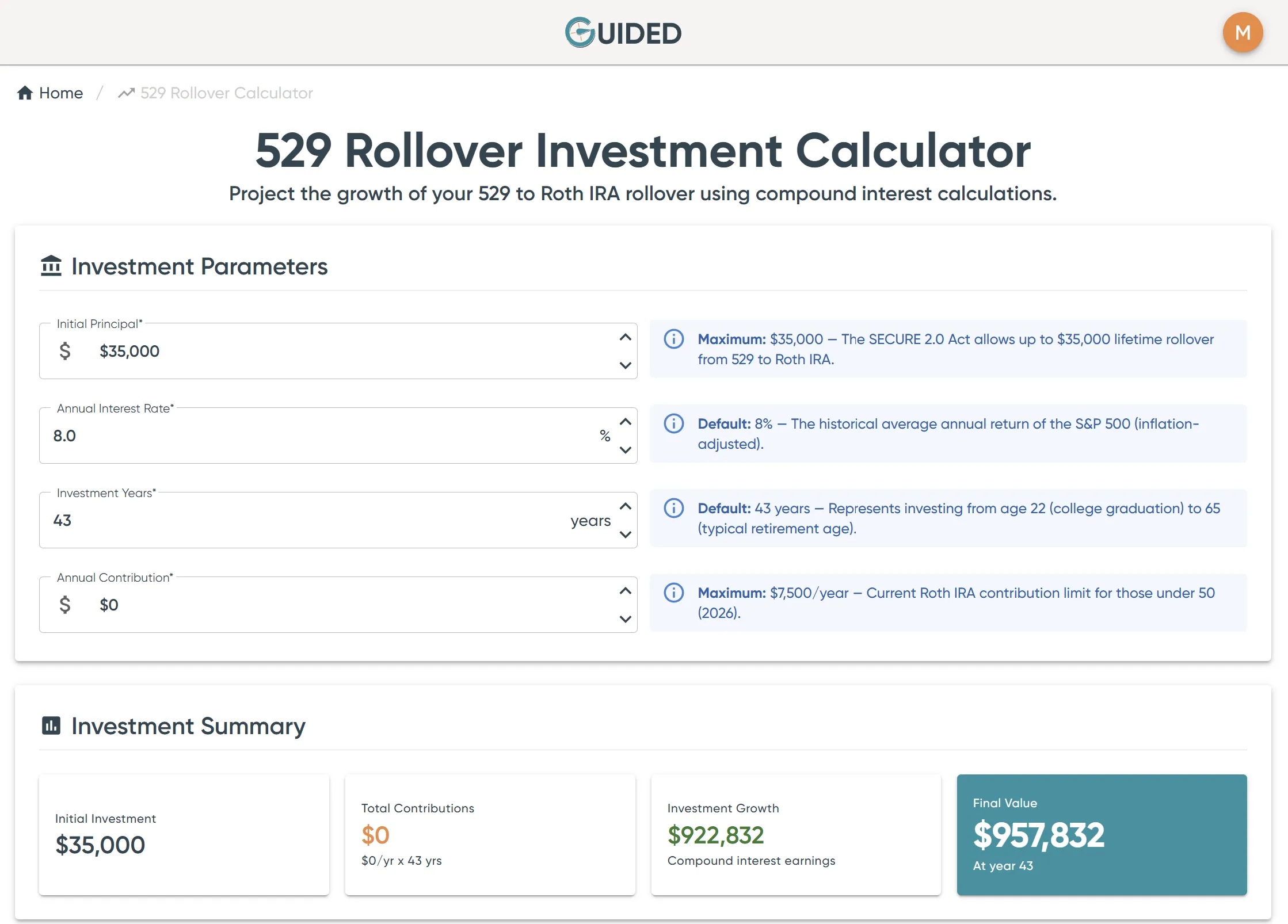 529 Rollover Investment Calculator