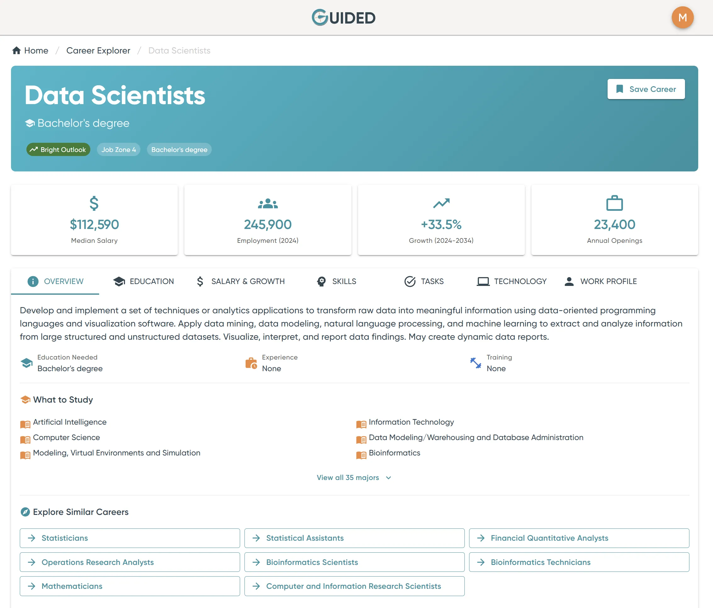 Career Explorer interface showing detailed career data