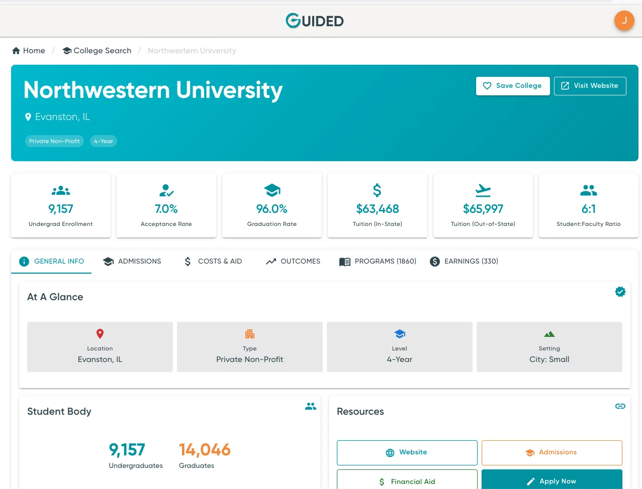 College Search showing Northwestern University profile