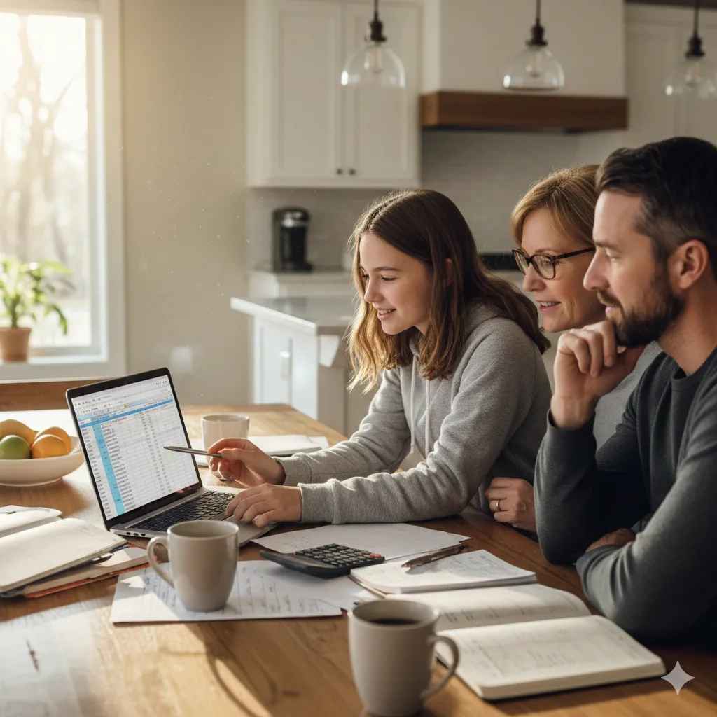 Family reviewing college finances