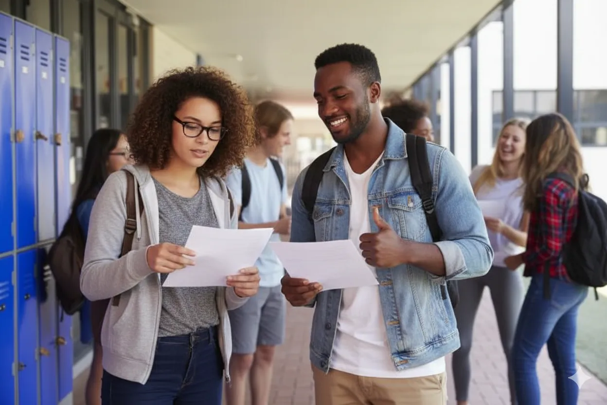 Students walking in a school hallway