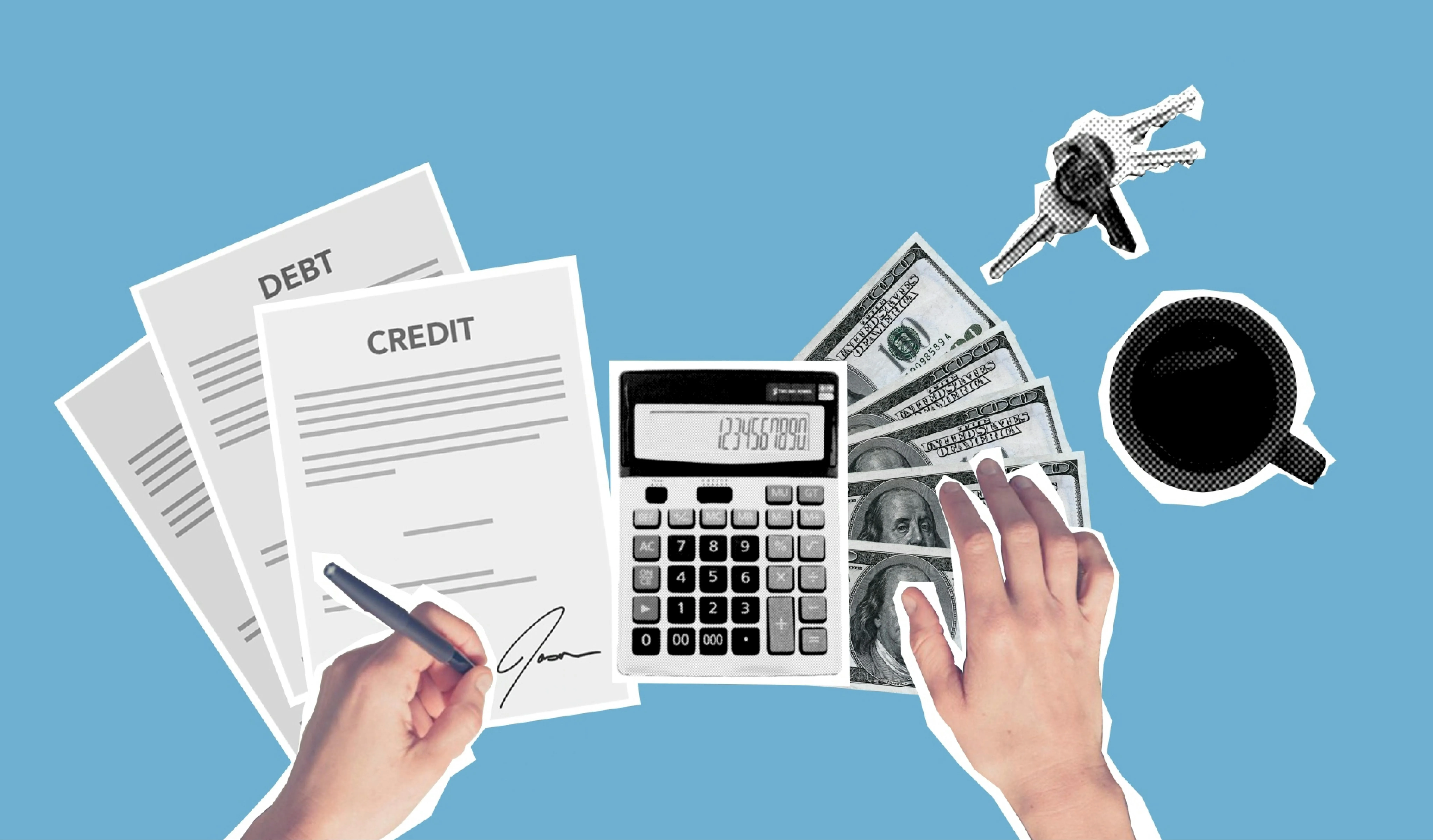 sheets of paper that say credit and debit, a calculator, money spread out and two hands. one hand hols a pend the other is touching the money