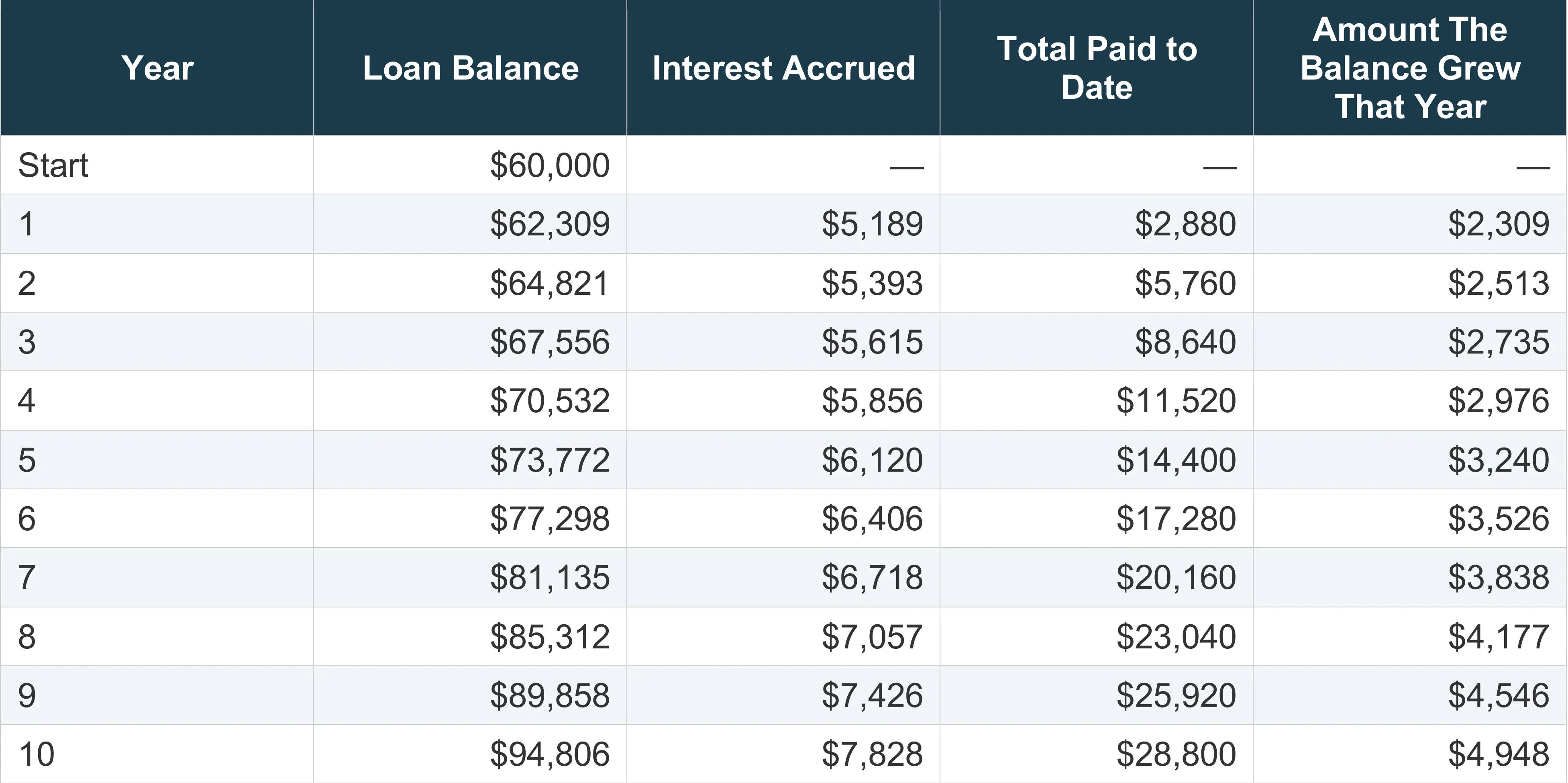 Table showing amortization of a student loan