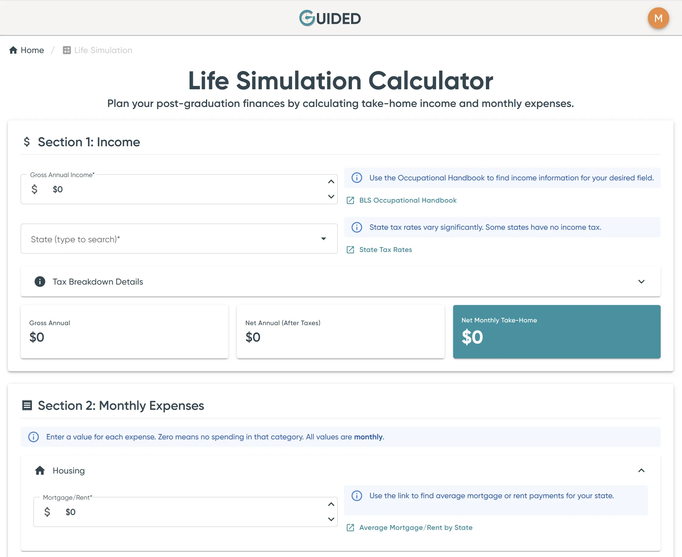 Life Simulation Calculator showing monthly budget breakdown