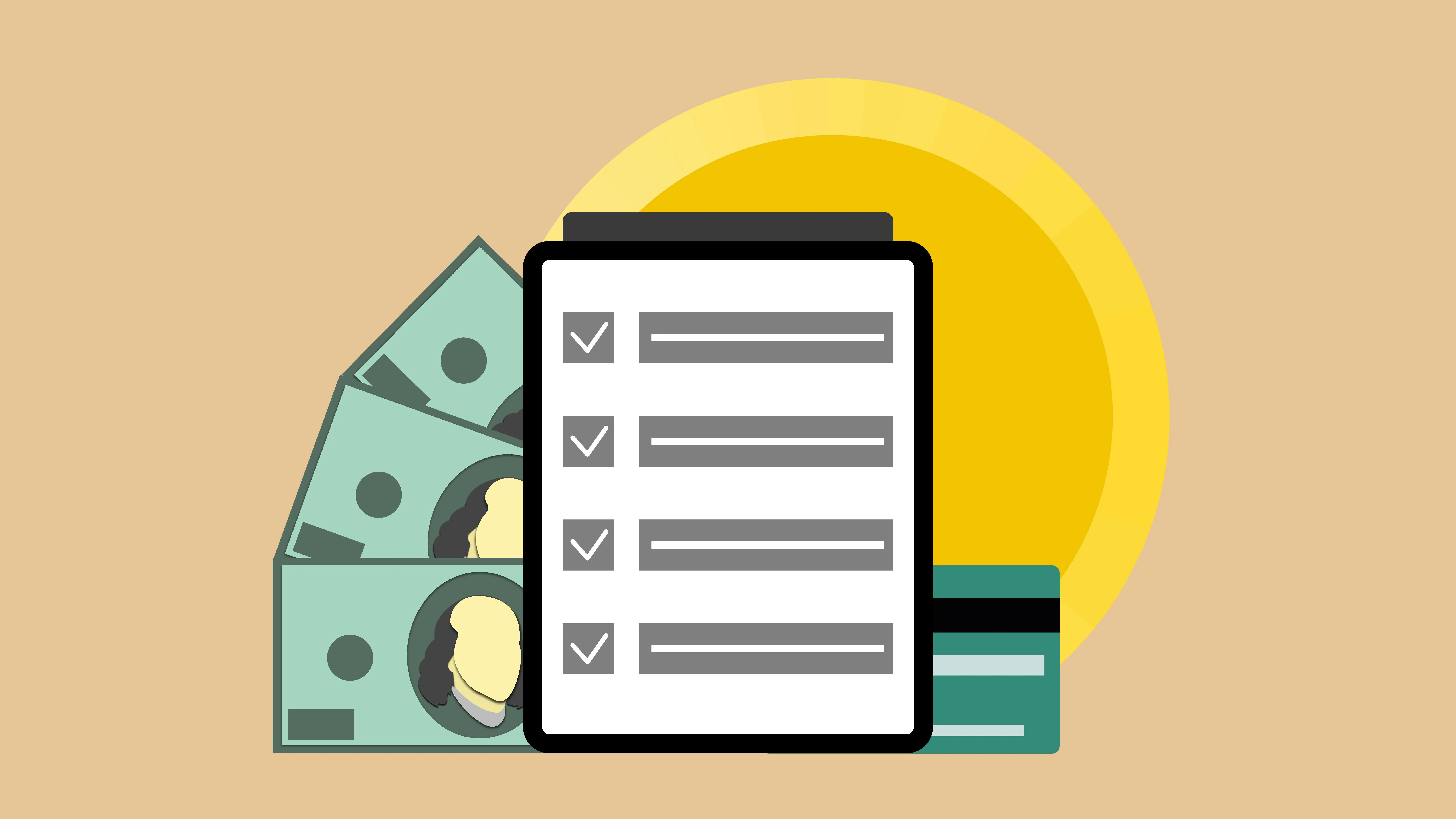 An illustration of money and a checklist on clipboard