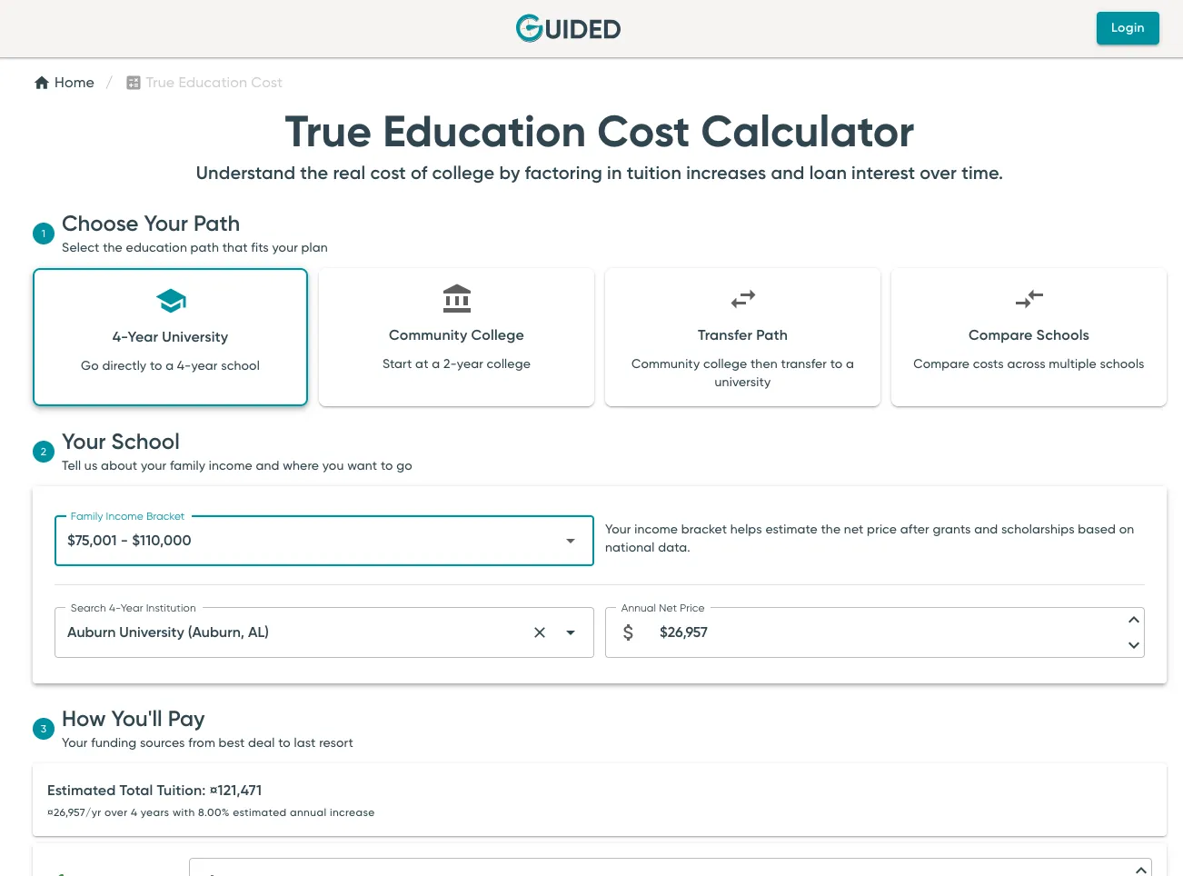 True Cost of Education Calculator showing path selection and tuition estimates